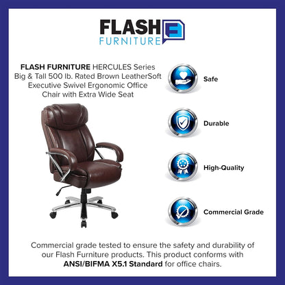 Flash Furniture HERCULES Series Big & Tall 500 Lb. Rated Brown Leathersoft Executive Swivel Ergonomic Office Chair with Extra Wide Seat Furniture Home & Kitchen Home Office Chairs Home Office Desk Chairs Home Office Furniture