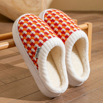 Fuzzy Woven Gingham Plush House Slippers