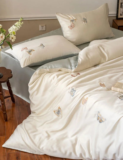Silky Butterfly Embroidered Tencel Bedding Set