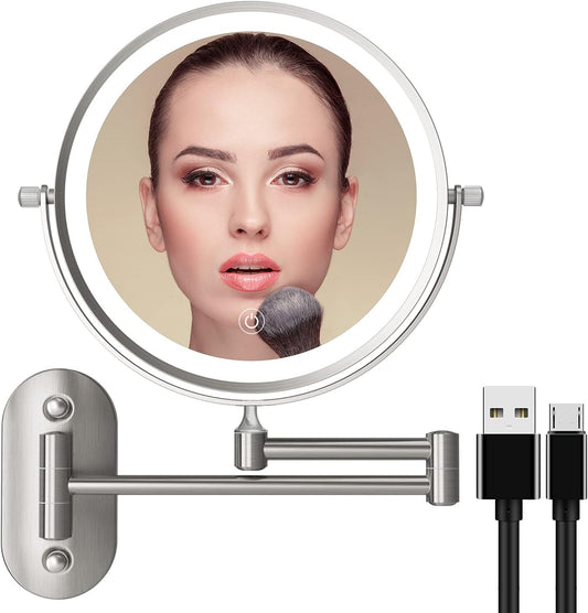 Erealmirror Rechargeable LED Lighted Makeup Mirror Wall Mounted Double Sided 10X Magnifying Bathroom Mirror with 3 Color Lights Dimming 360 Degree Rotation, Extension Arm, Brushed Nickel Beauty & Personal Care Makeup Mirrors Mirrors Tools & Accessories