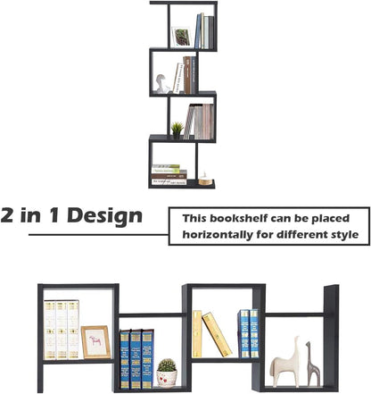 Giantex 4 Tier Bookshelf S Shaped Bookcase, Multifunctional Wooden Display Decor Furniture, Free Standing Industrial Storage Rack for Living Room Bedroom Office, Modern 4 Shelf Bookcase (Black, 1) Bookcases Furniture Home & Kitchen Home Office Furniture