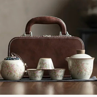 Peach Blossom Ceramic Travel Tea Set with Case
