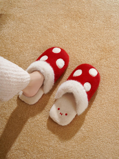 Fuzzy Embroidered Bunny Faux Fur House Slippers