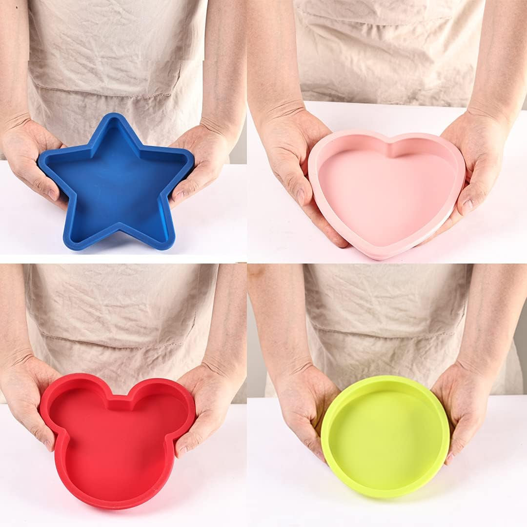 Silicone Cake Pans Baking Bakeware Molds, Shape of Round, Heart, Star and Mickey Head (6In, 4Pcs)