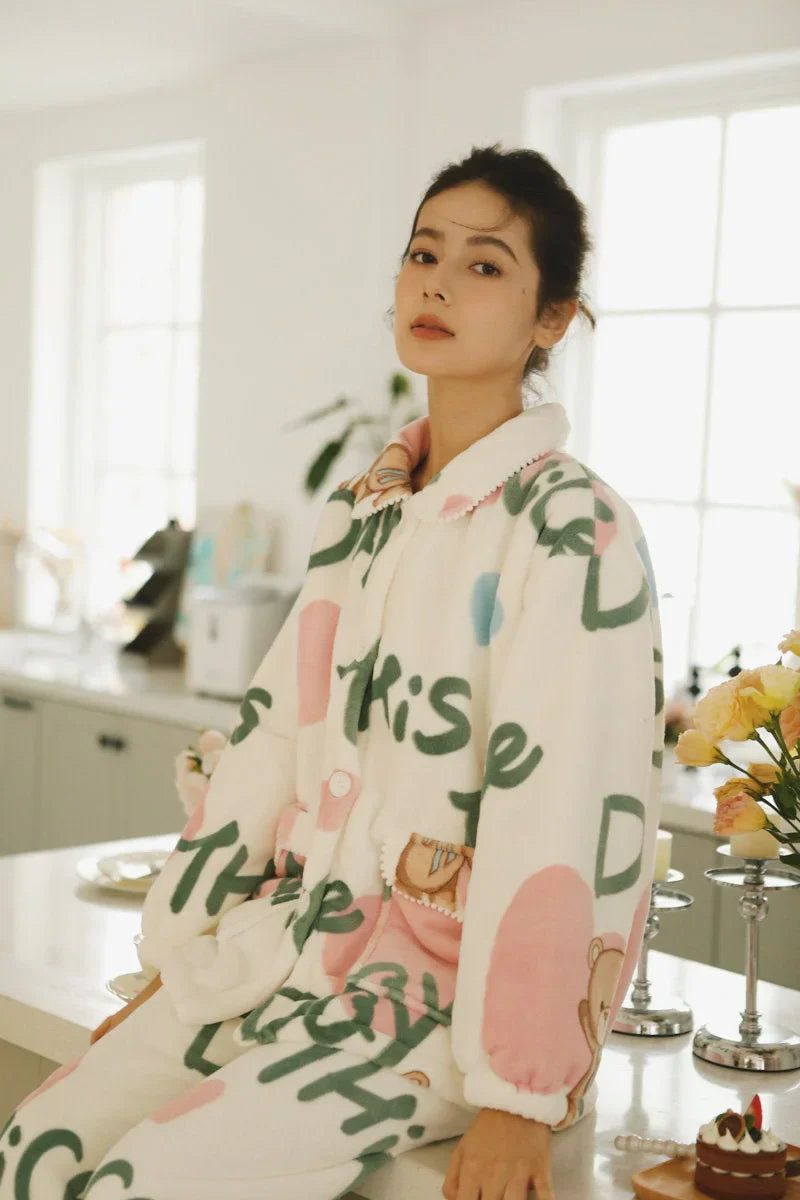 Plush Fuzzy Teddy Bear & Heart Print Flannel Fleece Pajama