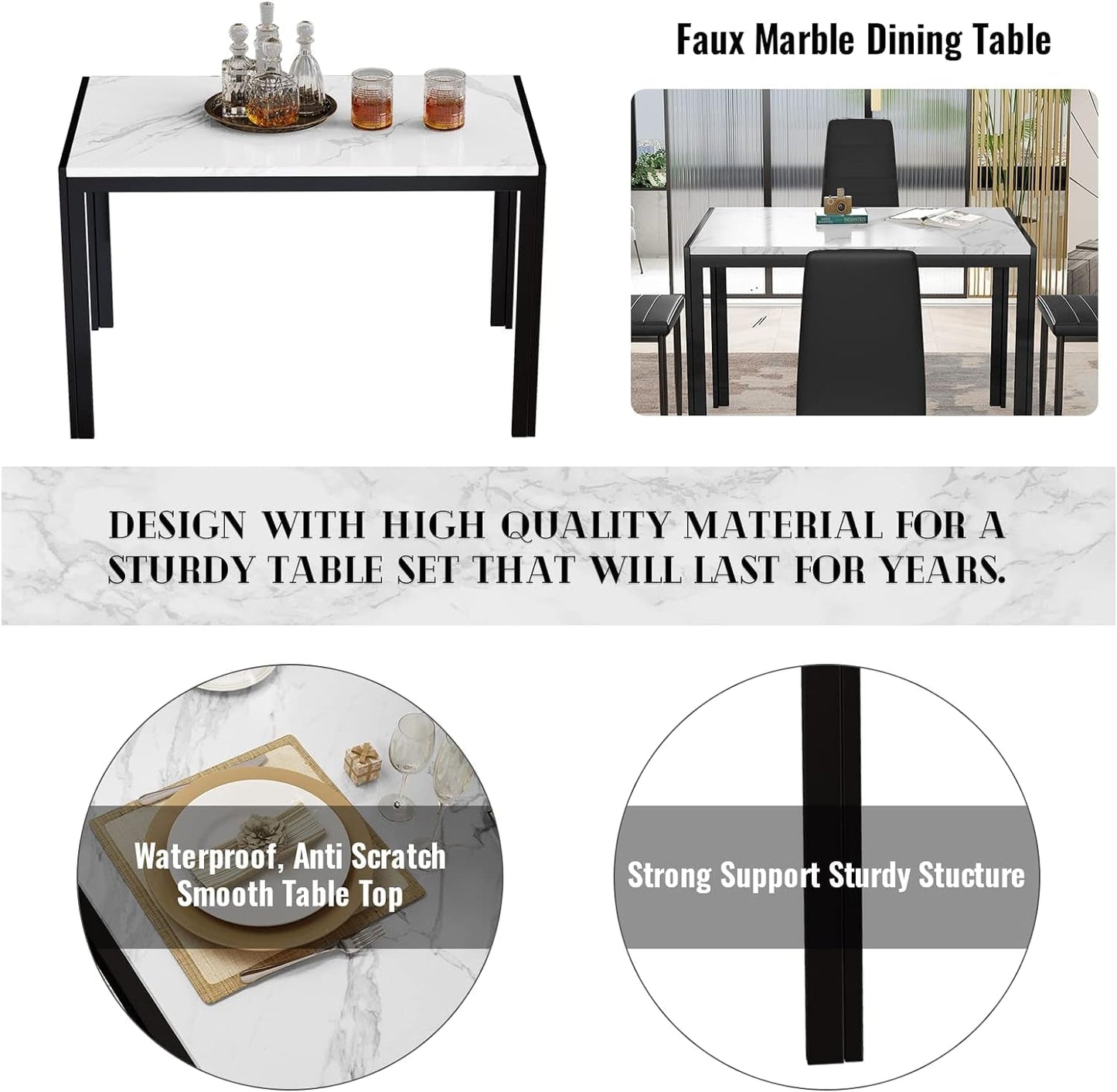 AWQM Marble Dining Table Set for 4, Rectangular Faux Marble Table and 4 PU Leather Chairs, 5 Pieces Kitchen Table Set,Ideal for Living Room, Dining Room,Breakfast Nook, White&Black Dining Room Furniture Furniture Home & Kitchen Table & Chair Sets