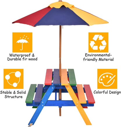 Costzon Kids Picnic Table Set, Colorful Wood Picnic Table and Benches with Removable/Folding Umbrella, Children Rainbow Bench Outdoor Patio Set Lawn & Garden Patio Patio Furniture & Accessories Picnic Tables Tables