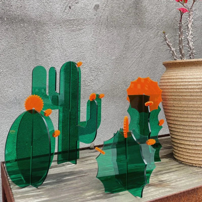 Sleek Geometric Acrylic Cactus Sculpture Set