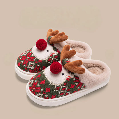 Fuzzy Reindeer Jacquard Knit House Slippers