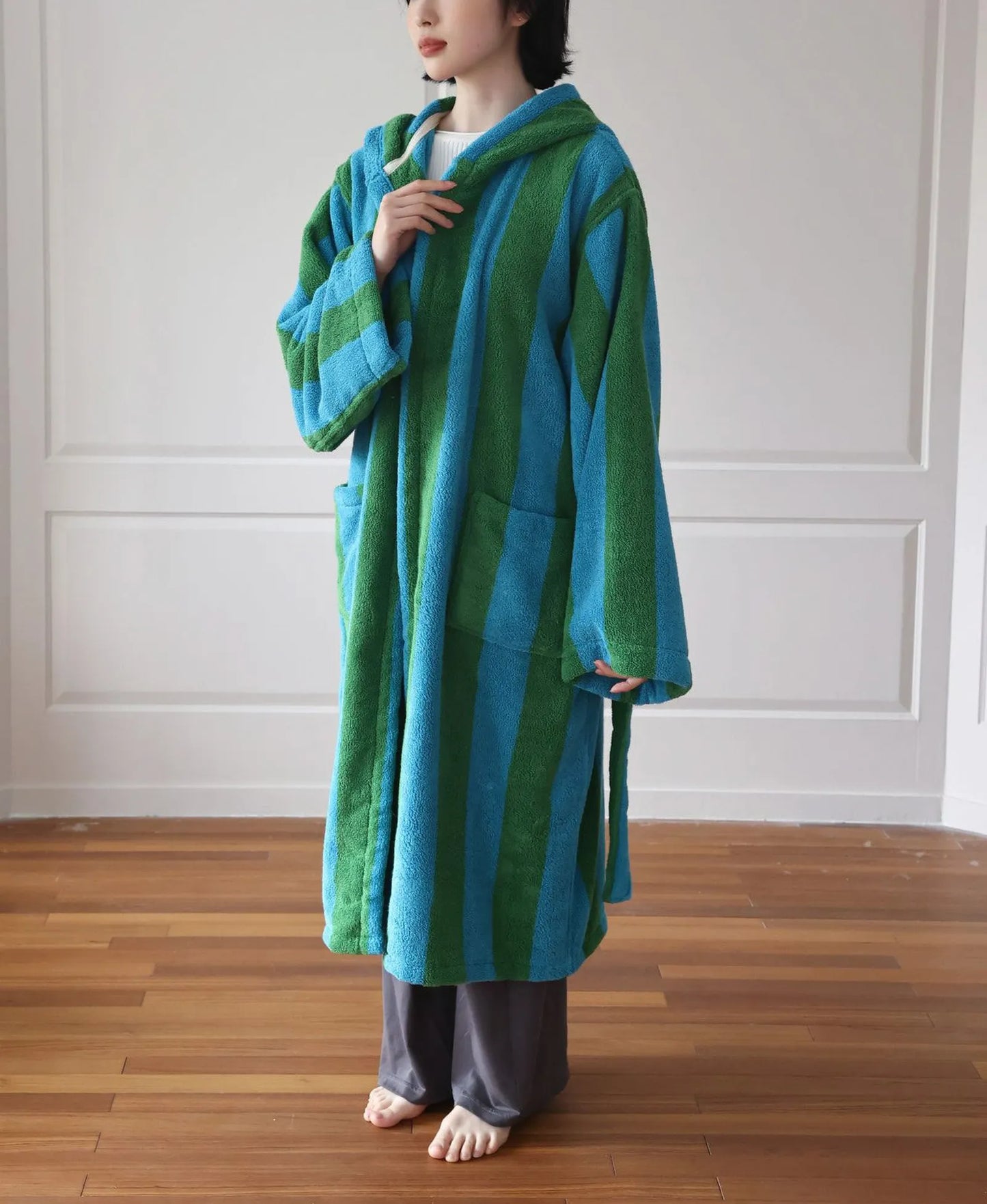 Plush Bold Striped Cotton Hooded Robe