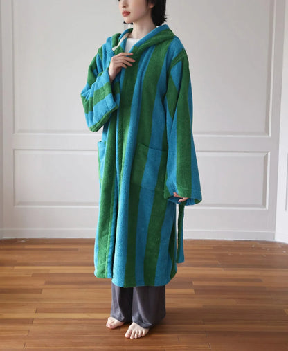 Plush Bold Striped Cotton Hooded Robe