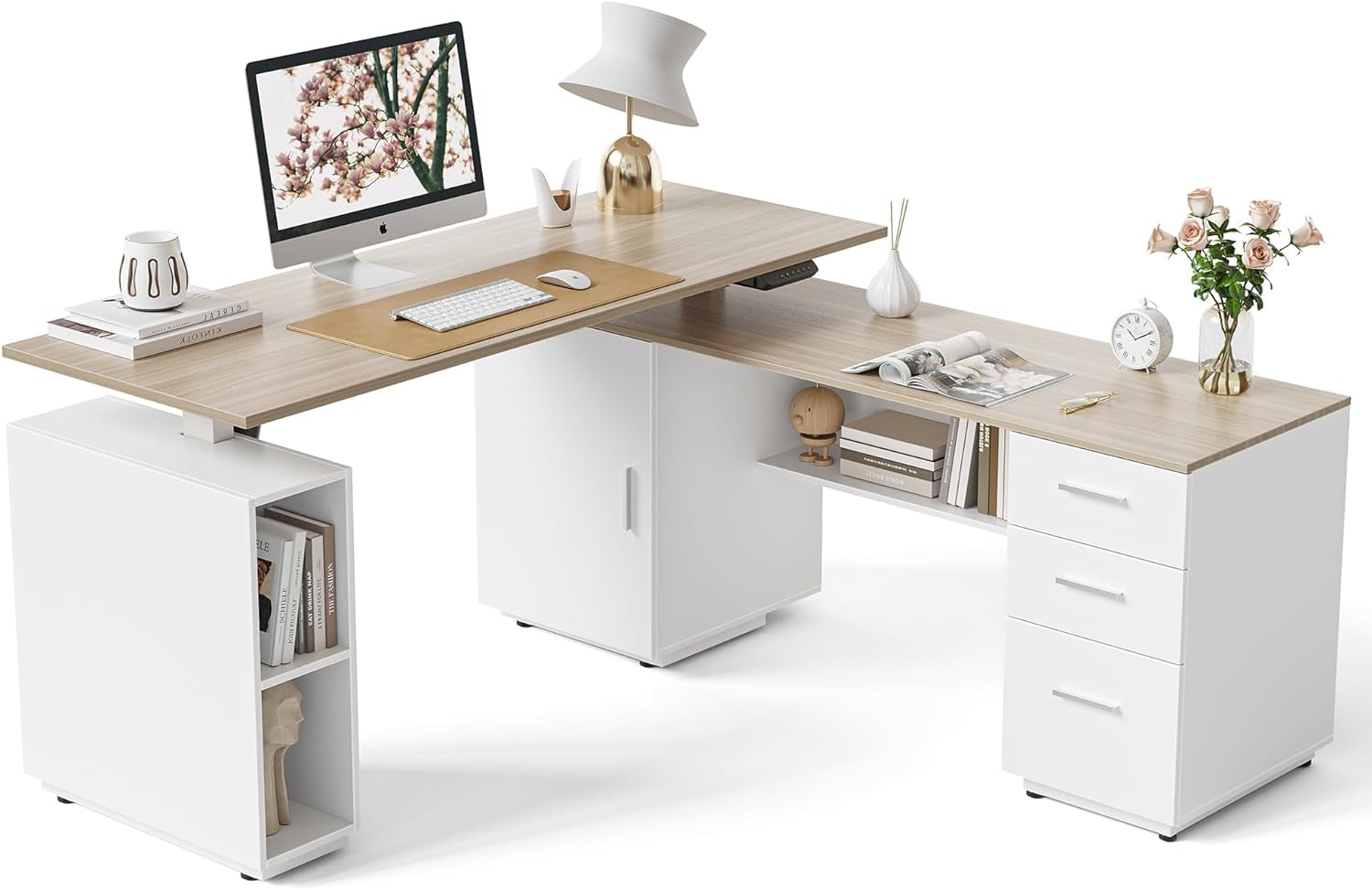 FEZIBO Triple Motor 63" L Shaped Standing Desk with 3 Drawers, Electric Standing Gaming Desk Adjustable Height, Corner Stand up Desk with Splice Board, White Frame/White Top Furniture Home & Kitchen Home Office Desks Home Office Furniture