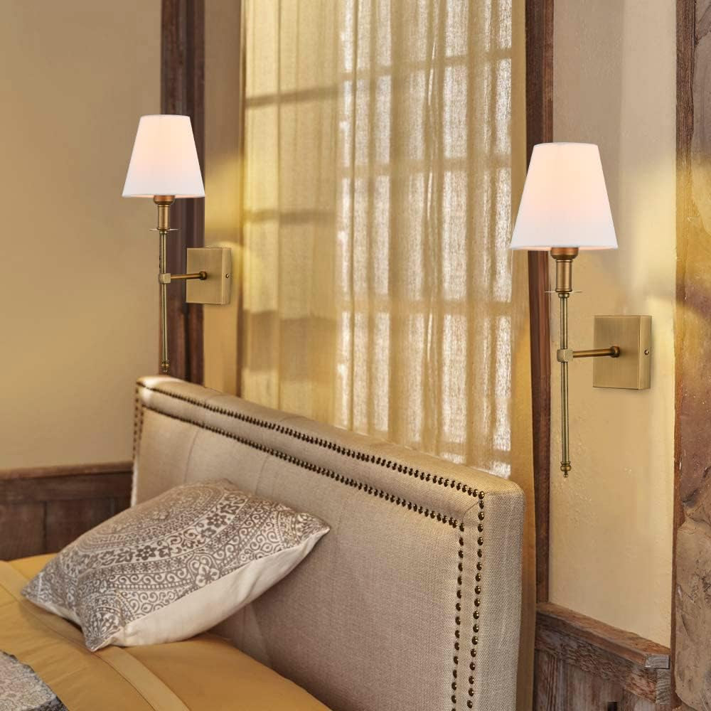 Bsmathom Wall Sconces Sets of 2, Brushed Brass Sconces Wall Lighting with Fabric Shade, Hardwired Column Stand Bathroom Vanity Light Fixture for Hallway, Entryway, Passway Kitchen, Gold Lighting & Ceiling Fans Tools & Home Improvement Wall Lamps & Sconces Wall Lights