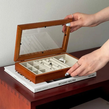 Polished Wood Jewelry Organizer with Glass Lid