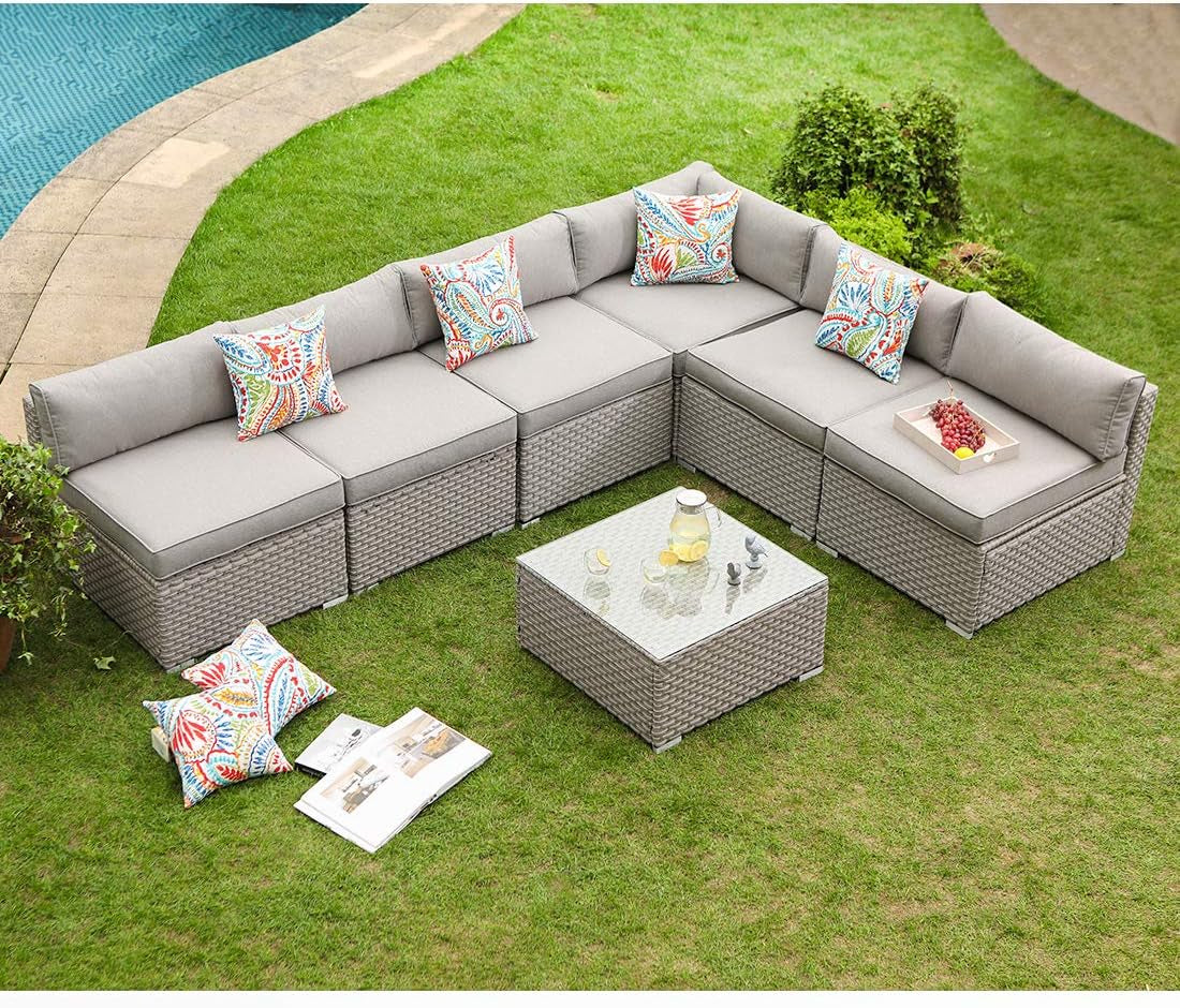 COSIEST 6-Piece Outdoor Furniture Set Brown Wicker Sectional Sofa W Thick off White Cushions, Glass Coffee Table, 2 Ottomans for Garden, Pool, Backyard Conversation Sets Lawn & Garden Patio Patio Furniture & Accessories Patio Furniture Sets