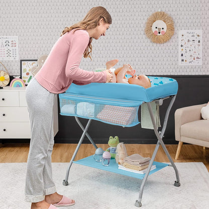 Costzon Portable Changing Table, Mobile Baby Changing Table with Wheels, Safety Belt, Large Storage Basket, Rack & Shelf, Folding Diaper Changing Station Nursery Organizer for Infant Newborn (Blue) Baby Products Changing & Dressing Changing Tables Furniture Nursery