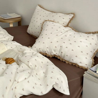 Pom Pom Trim Bow Print Washed Cotton Bedding Set