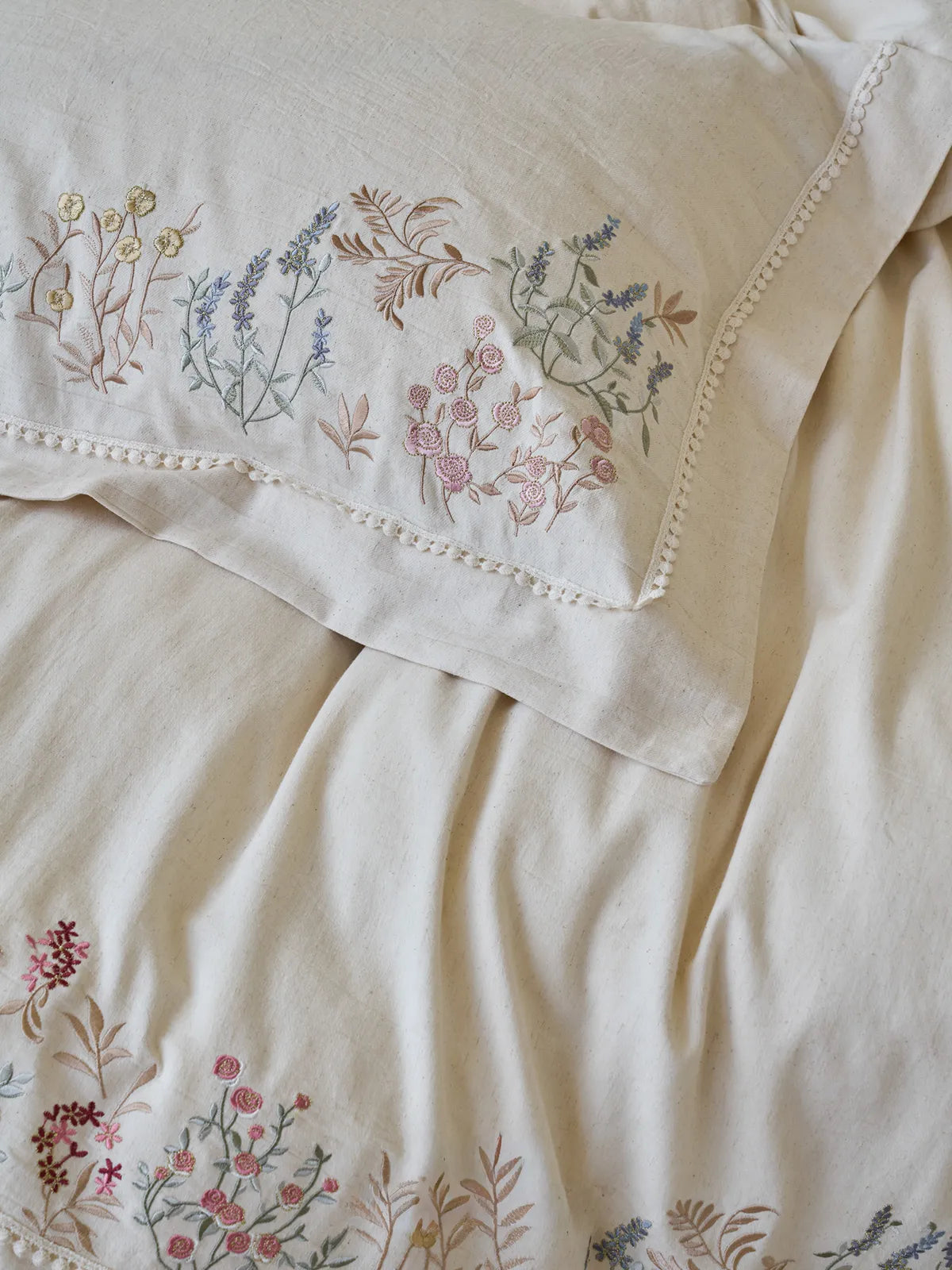 Intricate Wildflower Embroidered Linen Bedding Set