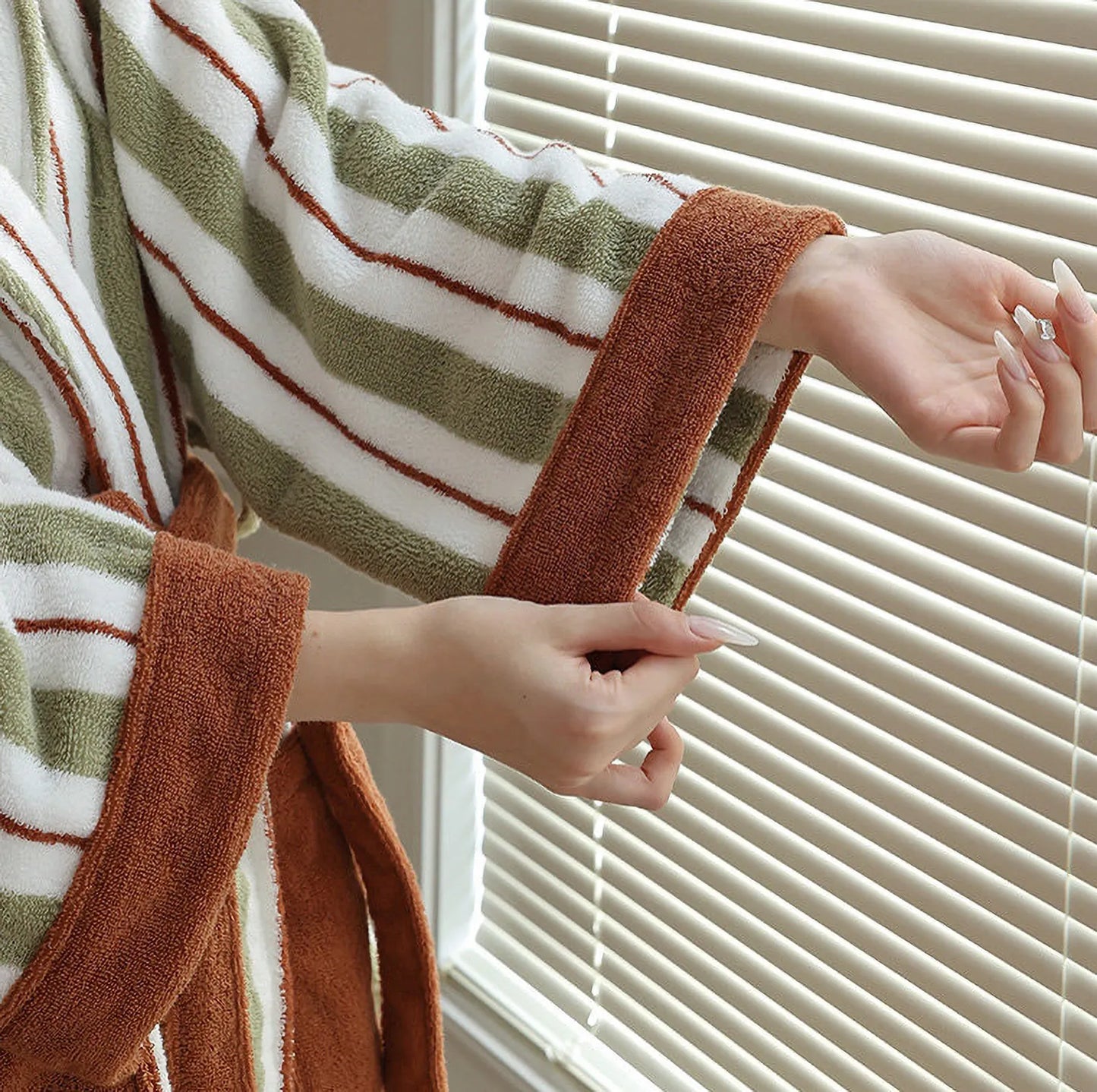 Plush Sage Striped Long-Staple Cotton Robe