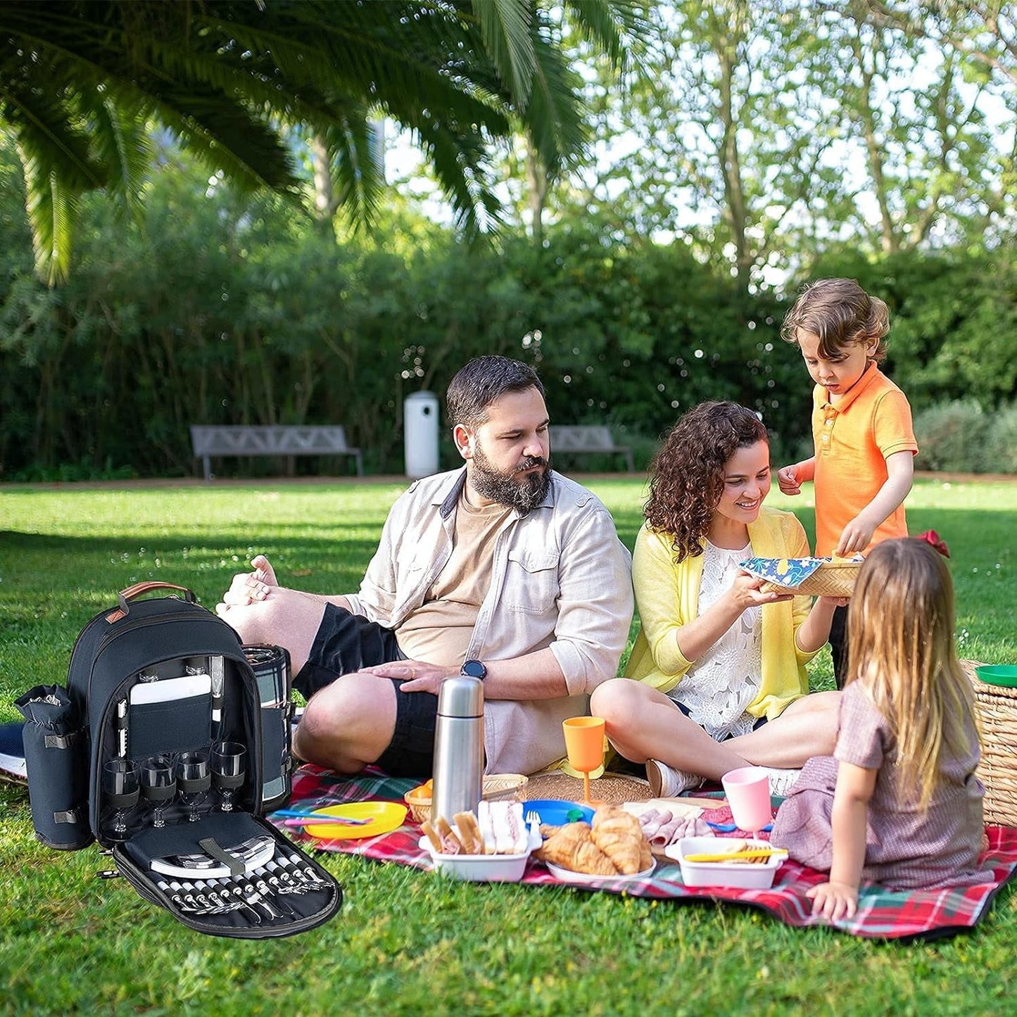 Picnic Backpack for 4 Person Set Portable Picnic Bag with Cooler Compartment, Detachable Bottle/Wine Holder, Fleece Blanket, Plates and Cutlery, Gifts for Family Camping (Navy Blue) Lawn & Garden Patio Patio Furniture & Accessories Picnic Backpacks Picnic Baskets Tables & Accessories