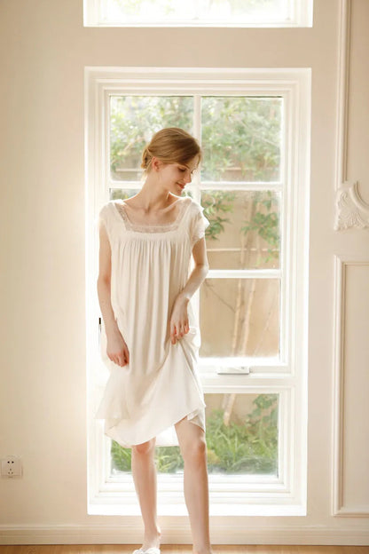 Silky Soft Lace Trim Cotton Sateen Pajama Dress