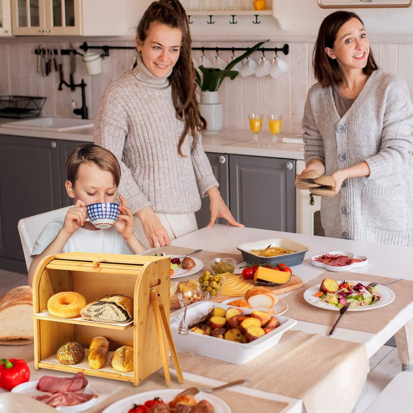 Bamboo Bread Box, Luckllsa 2 Layer Rolltop Bread Bin for Kitchen, Large Capacity Wooden Bread Storage Holder, Countertop Bread Keeper with Toaster Tong, 15” X 9.8” X 14.5”(Self-Assembly) Bread Boxes Food Storage Home & Kitchen Kitchen & Dining Storage & Organization