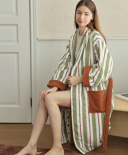 Plush Sage Striped Long-Staple Cotton Robe