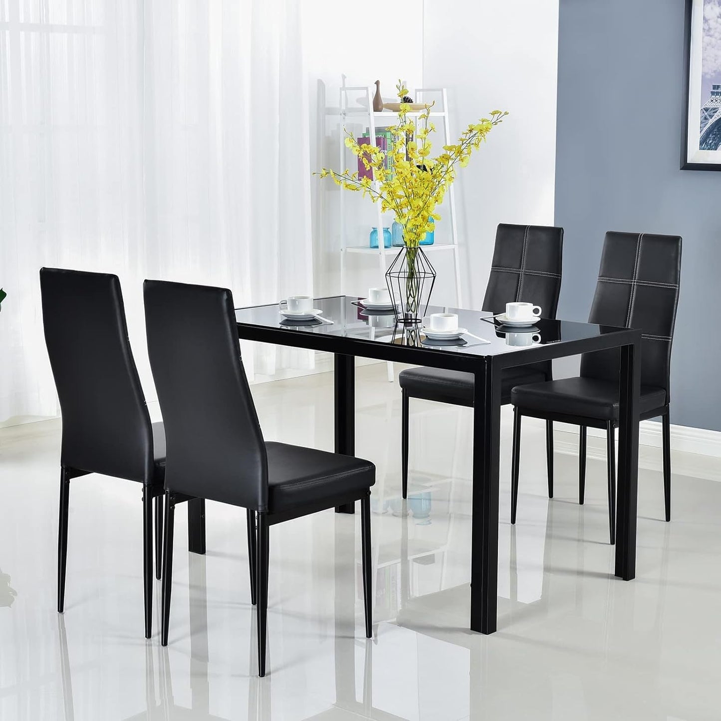 Bonnlo 5 Piece Modern Table Set for 4,Kitchen Table and Chairs for 4,Black Glass Small Kitchen Table and PU Leather Chairs for Dining Room Small Spaces,Metal Frame,Black Dining Room Furniture Furniture Home & Kitchen Table & Chair Sets