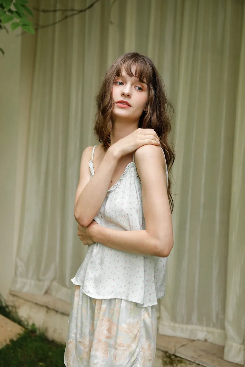 Silky Ruffle Ditsy Floral Cotton Sateen Pajama