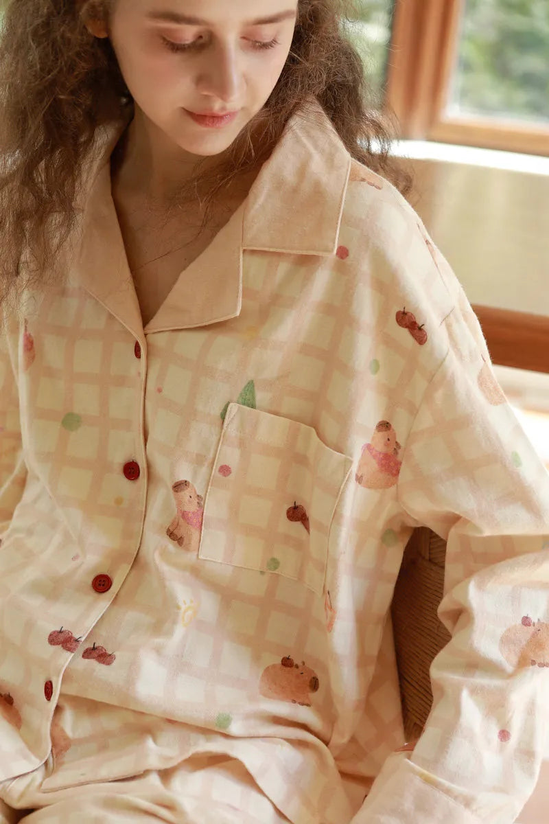 Soft Capybara Plaid Cotton Pajama Set