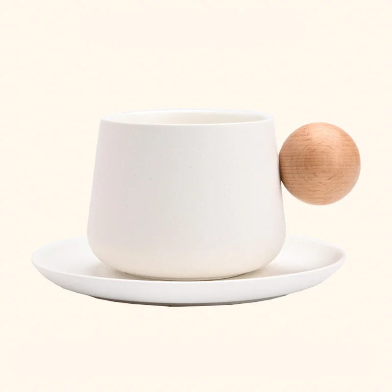 Frosted Ceramic Mug and Saucer with Wooden Ball Handle