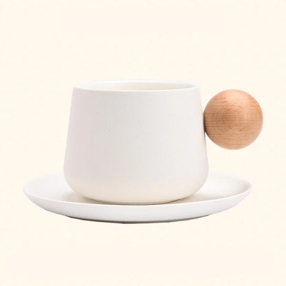 Frosted Ceramic Mug and Saucer with Wooden Ball Handle