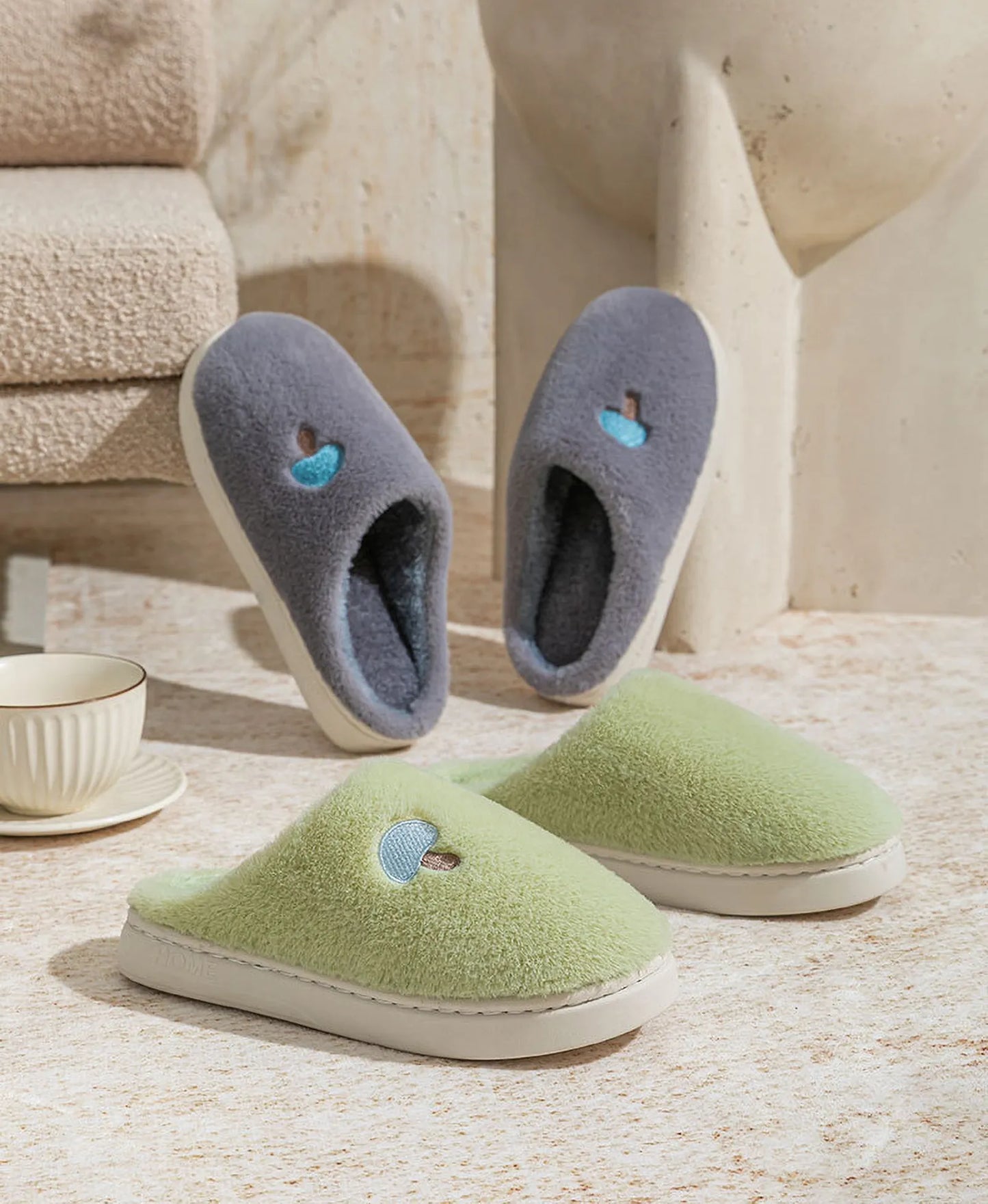 Plush Mushroom Embroidered Fleece House Slippers