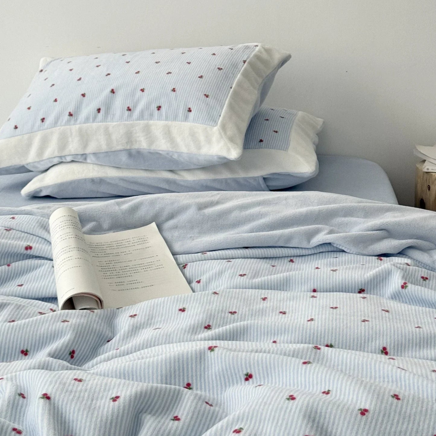 Plush Cherry Pinstripe Fleece Bedding Set