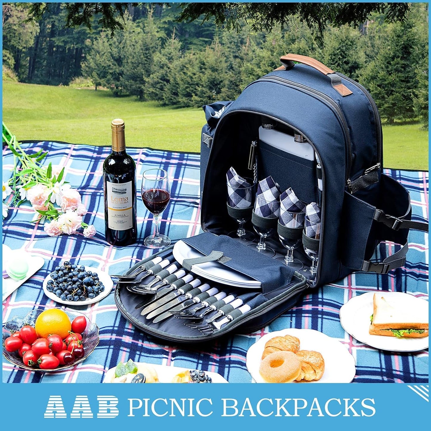 Picnic Backpack for 4 Person Set Portable Picnic Bag with Cooler Compartment, Detachable Bottle/Wine Holder, Fleece Blanket, Plates and Cutlery, Gifts for Family Camping (Navy Blue) Lawn & Garden Patio Patio Furniture & Accessories Picnic Backpacks Picnic Baskets Tables & Accessories