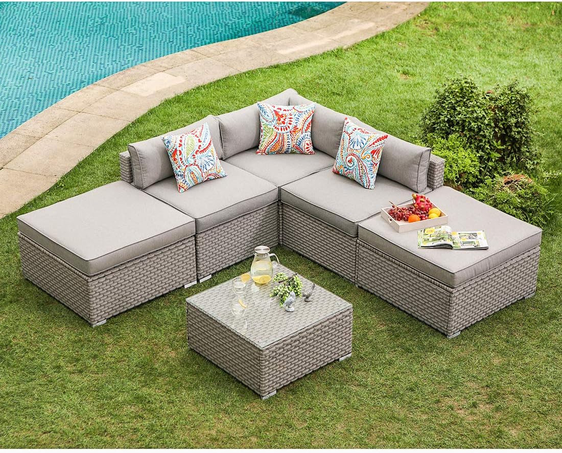 COSIEST 6-Piece Outdoor Furniture Set Brown Wicker Sectional Sofa W Thick off White Cushions, Glass Coffee Table, 2 Ottomans for Garden, Pool, Backyard Conversation Sets Lawn & Garden Patio Patio Furniture & Accessories Patio Furniture Sets