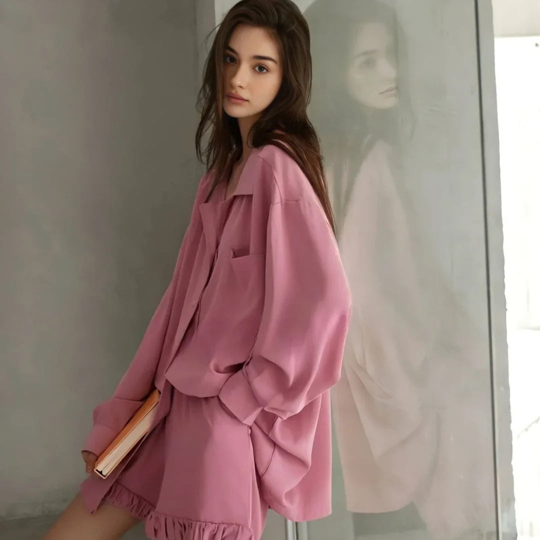 Soft Ruffle Hem Cotton Pajama Set