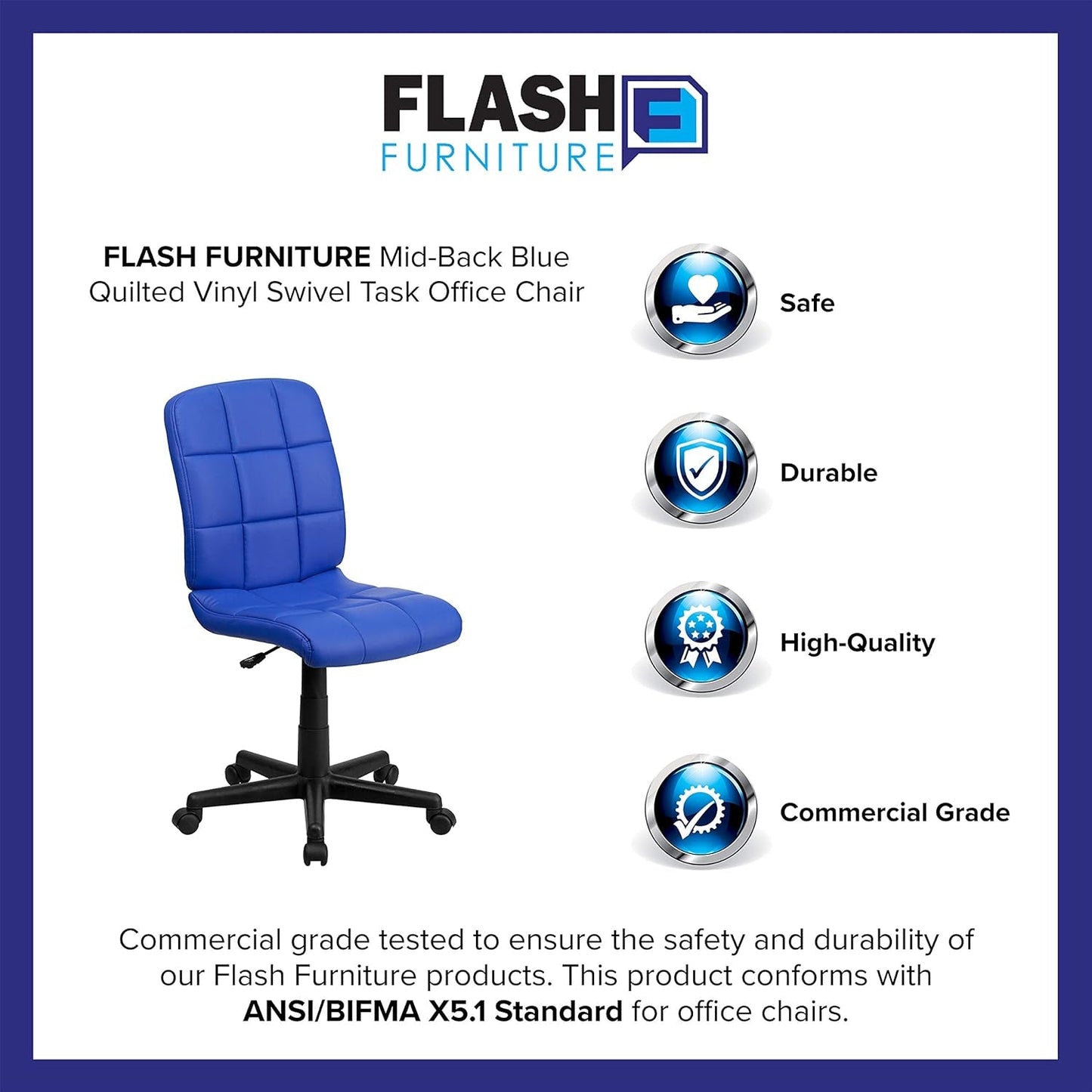 Flash Furniture Clayton Mid-Back Blue Quilted Vinyl Swivel Task Office Chair Furniture Home & Kitchen Home Office Chairs Home Office Desk Chairs Home Office Furniture