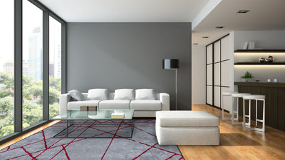 Grid Light Grey - Red Rug