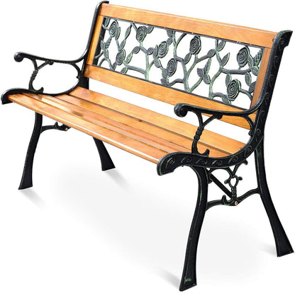 Giantex 50'' Patio Park Garden Bench, Outdoor Furniture Rose Cast Iron Hardwood Frame Porch Loveseat for 2 Person Outdoor Clearance Benches Lawn & Garden Patio Patio Furniture & Accessories Patio Seating