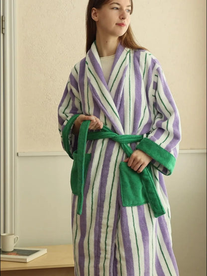 Plush Purple & Green Striped Cotton Robe
