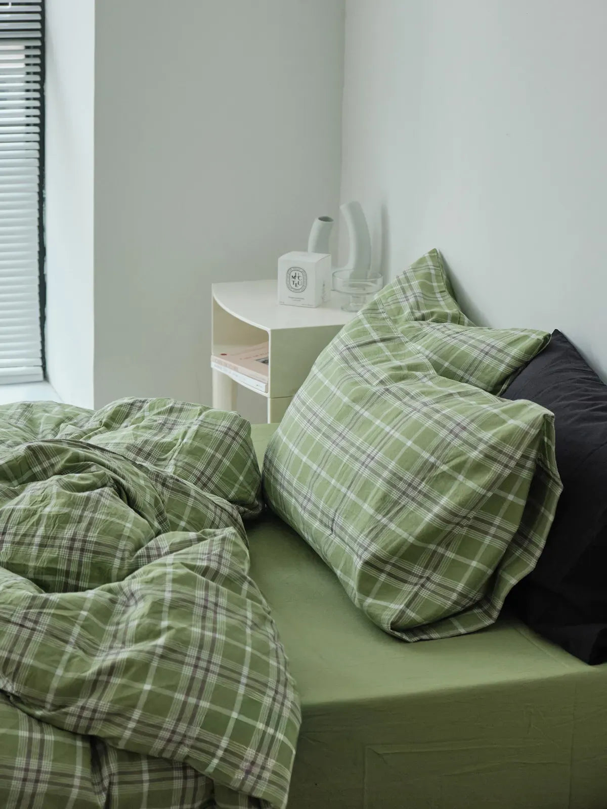 Soft Matcha Green Plaid Cotton Bedding Set