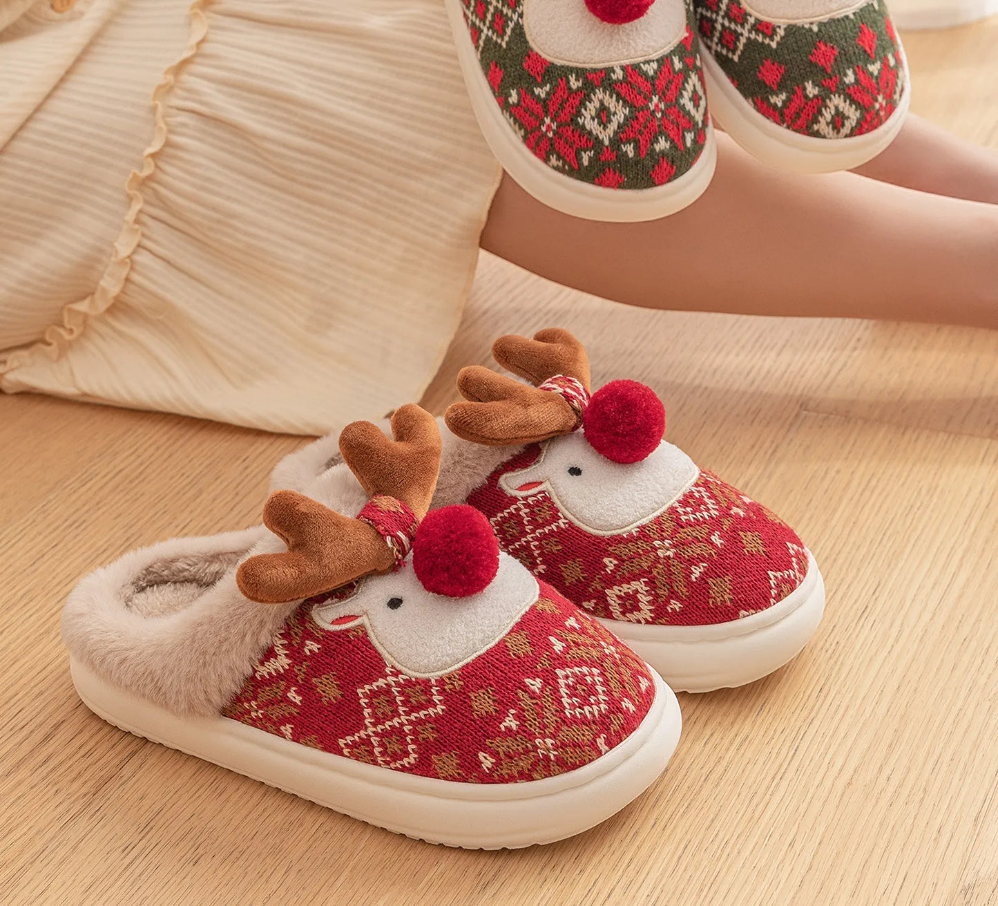 Fuzzy Reindeer Jacquard Knit House Slippers