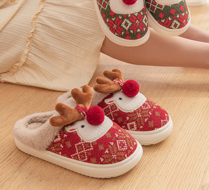 Fuzzy Reindeer Jacquard Knit House Slippers