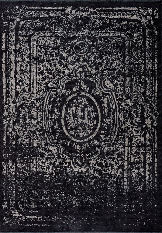 Babylon Black - Grey Rug area carpet area rug carpet Color_Black Color_Grey Material_Cotton & Viscose vintage