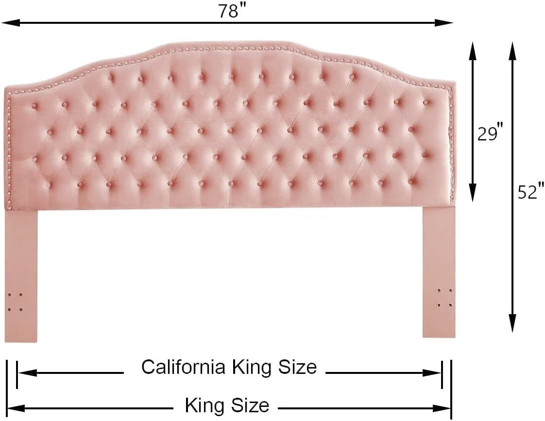 24KF Upholstered Button Tufted King Size Headboard with Nailhead Trim, Soft Velvet Fabric Headboard King/Cal King Size Headboard-Blush Pink Bedroom Furniture Beds Frames & Bases Furniture Headboards Headboards & Footboards Home & Kitchen