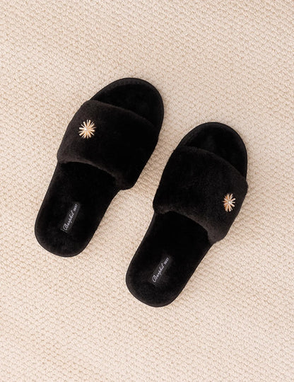 Plush Jeweled Flower Faux Fur House Slippers