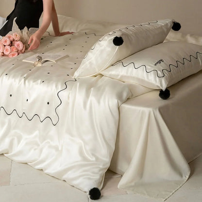 Silky Pom Pom Wavy Embroidered Tencel Bedding Set