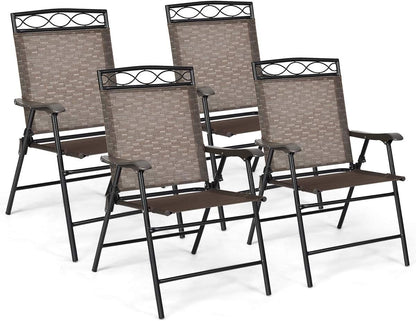 Giantex Set of 4 Patio Folding Dining Chairs for Camping, Beach, Backyard, Deck Portable W/Armrest and Metal Frame, 4-Pack (Brown) Chairs Lawn & Garden Patio Patio Dining Chairs Patio Furniture & Accessories Patio Seating