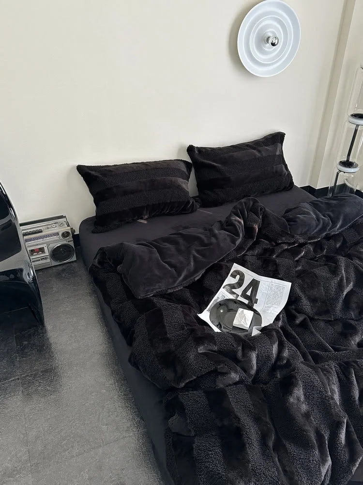 Plush Wide Striped Flannel Fleece Bedding Set